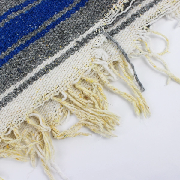 Unbranded Wool Blend Woven Blanket Blue Gray Black Stripes Fringe Edges FLAW