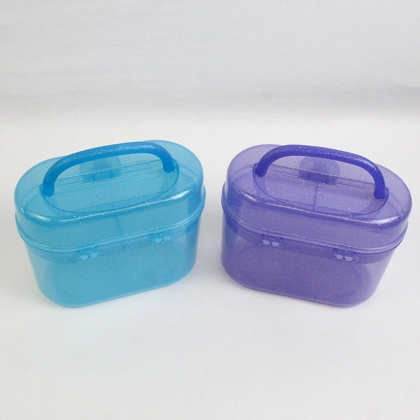 Lot of 2 Clear Plastic Glitter Makeup Storage Boxes Purple Blue Containers