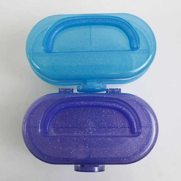 Lot of 2 Clear Plastic Glitter Makeup Storage Boxes Purple Blue Containers
