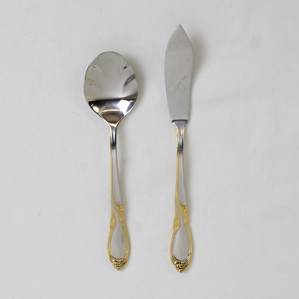 Lot of 2 Retroneu Stephanie Gold Accent 18/8 Stainless Butter Knife Sugar Spoon