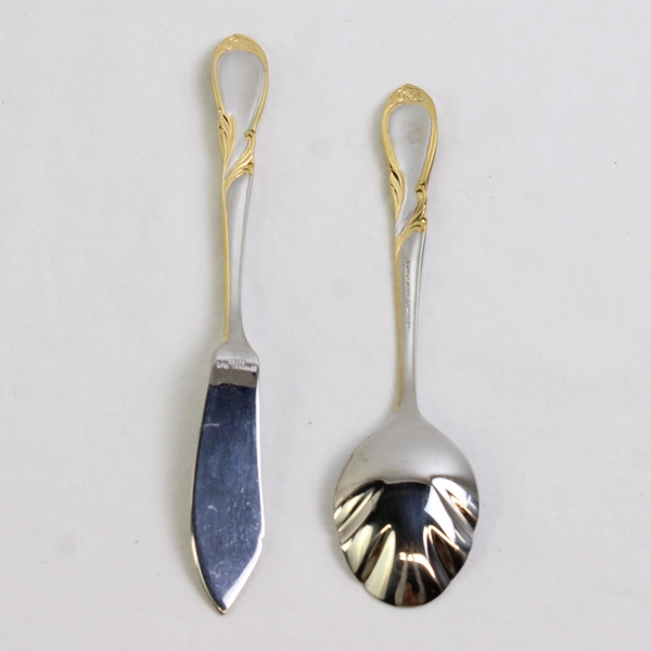 Lot of 2 Retroneu Stephanie Gold Accent 18/8 Stainless Butter Knife Sugar Spoon