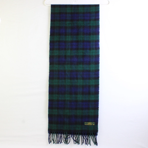 Vintage Foxford Green and Blue Plaid Lambswool Scarf with Fringe 12" x 62"