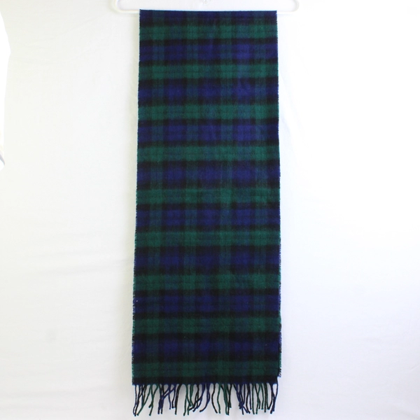 Vintage Foxford Green and Blue Plaid Lambswool Scarf with Fringe 12" x 62"