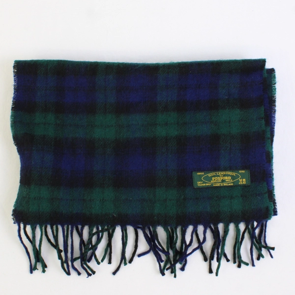 Vintage Foxford Green and Blue Plaid Lambswool Scarf with Fringe 12" x 62"