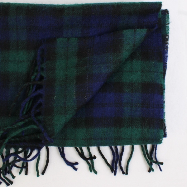 Vintage Foxford Green and Blue Plaid Lambswool Scarf with Fringe 12" x 62"