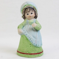Vtg 1979 Jasco Bisque Porcelain Girl Bell Blue Bonnet Green Dress 