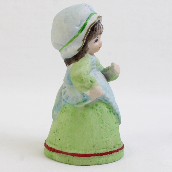 Vtg 1979 Jasco Bisque Porcelain Girl Bell Blue Bonnet Green Dress 