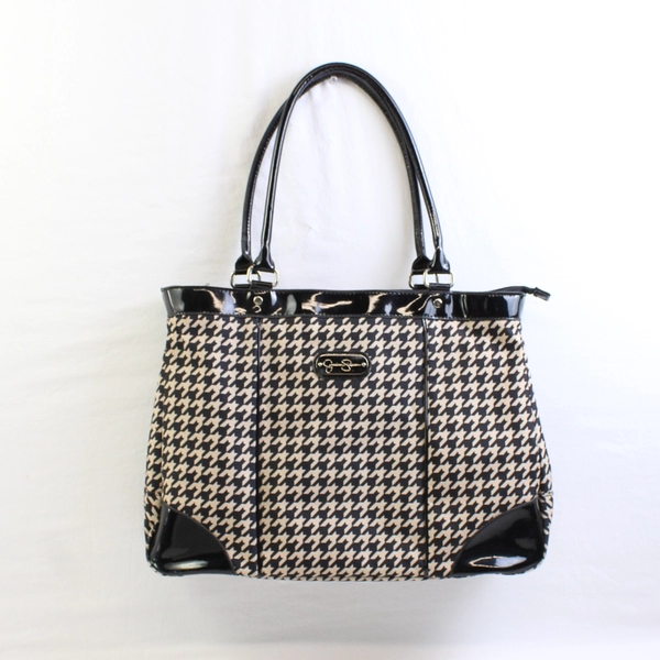 Jessica Simpson Black/Cream Houndstooth Large Tote Bag Faux Leather