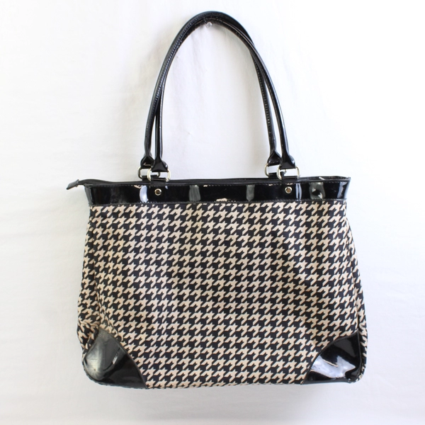 Jessica Simpson Black/Cream Houndstooth Large Tote Bag Faux Leather