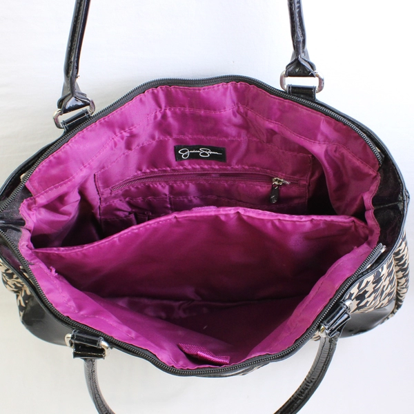 Jessica Simpson Black/Cream Houndstooth Large Tote Bag Faux Leather