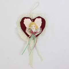 Handmade VTG Heart-Shaped Angel Christmas Ornament Lace and Ribbon Accents 5"