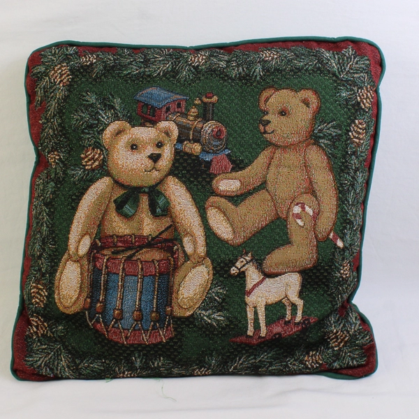 Tapestry-Style Christmas Teddy Bear Decorative Throw Pillow 15" x 15"
