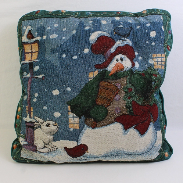 Tapestry-Style Christmas Snowman Decorative Throw Pillow 15" x 15"