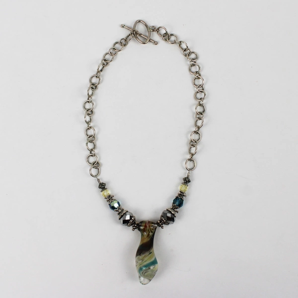 Hand-Blown Art Glass Plastic Beaded Silver-Tone Chain Necklace Toggle Clasp 15"