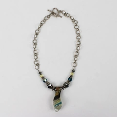 Hand-Blown Art Glass Plastic Beaded Silver-Tone Chain Necklace Toggle Clasp 15"