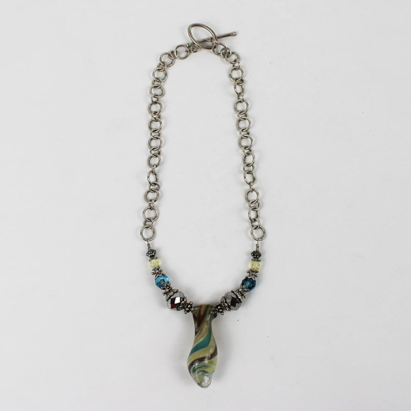 Hand-Blown Art Glass Plastic Beaded Silver-Tone Chain Necklace Toggle Clasp 15"