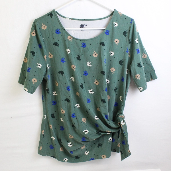 Lands' End Floral Pattern Green Side-Tie T-Shirt Women's Medium