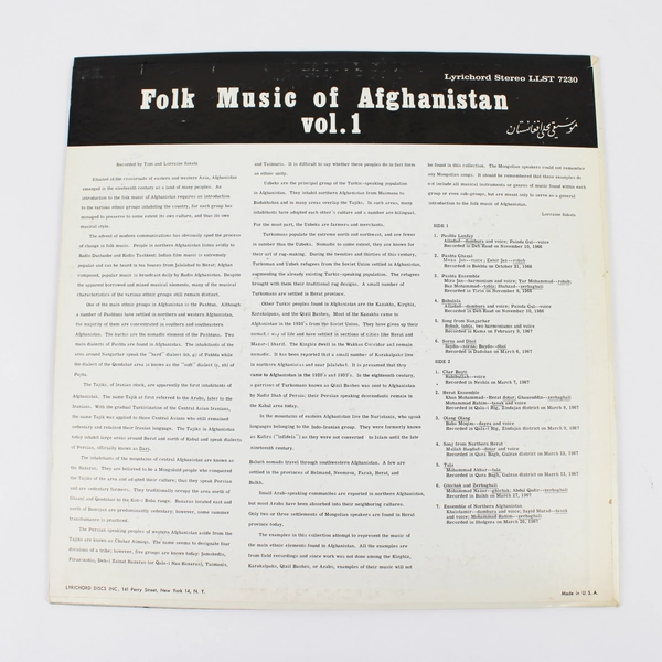 Folk Music Of Afghanistan Vol 1 Lyrichord LLST 7230 Vinyl Record