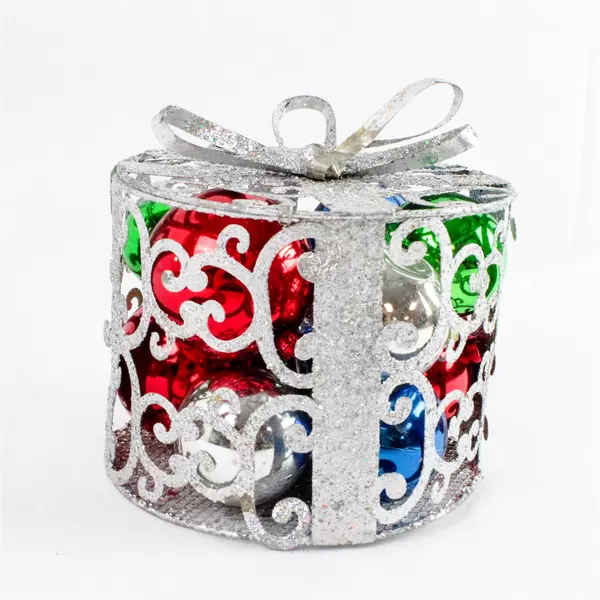 Christmas Decorative Scroll Work Box with Ornamental Bulbs Holiday Decor