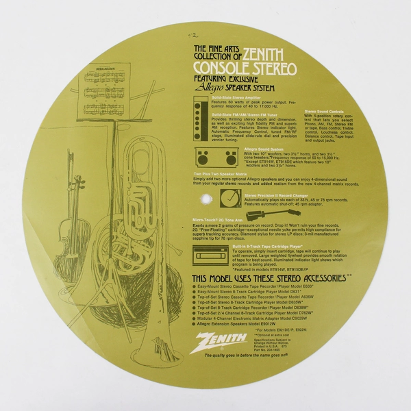 Vintage Zenith Console Stereo Record Player Promotional Paper Insert