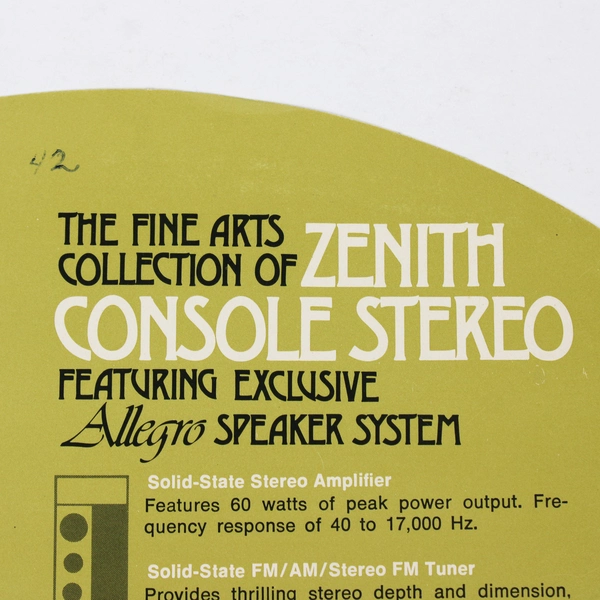 Vintage Zenith Console Stereo Record Player Promotional Paper Insert
