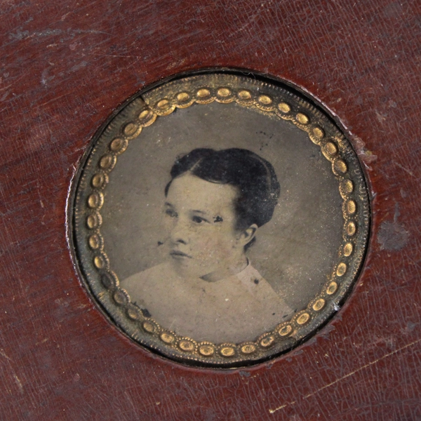 Antique Miniature Wooden Framed Round Tintype Portrait Young Woman