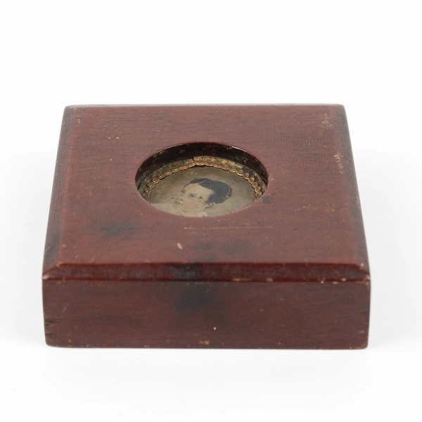 Antique Miniature Wooden Framed Round Tintype Portrait Young Woman