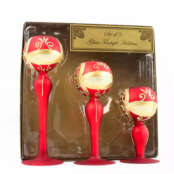 Set of 3 Glass Christmas Tealight Holders Red with Gold and Silver Glitter