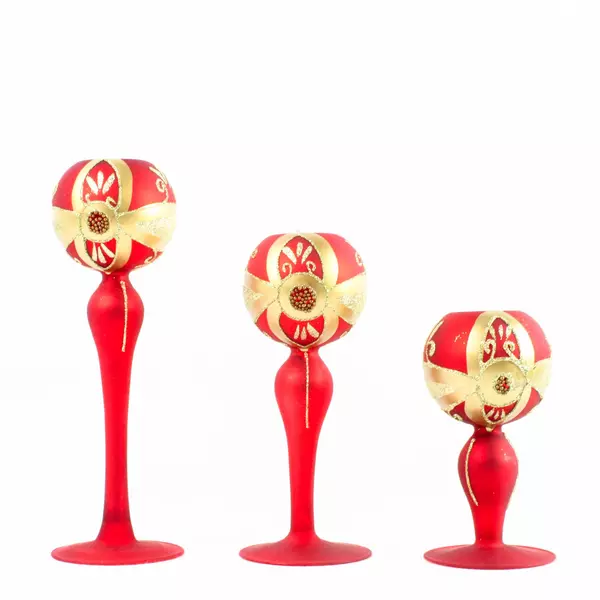 Set of 3 Glass Christmas Tealight Holders Red with Gold and Silver Glitter