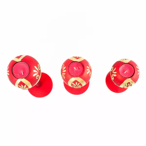 Set of 3 Glass Christmas Tealight Holders Red with Gold and Silver Glitter
