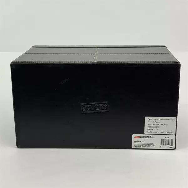 Staples Mission Desk Organizer Storage Box Black Faux Leather White Stitching