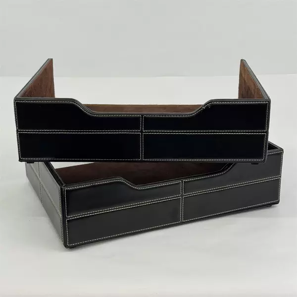 Lot of 2 Staples Mission Letter Trays Faux Black Leather With White Stitching