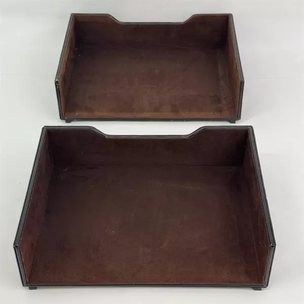 Lot of 2 Staples Mission Letter Trays Faux Black Leather With White Stitching
