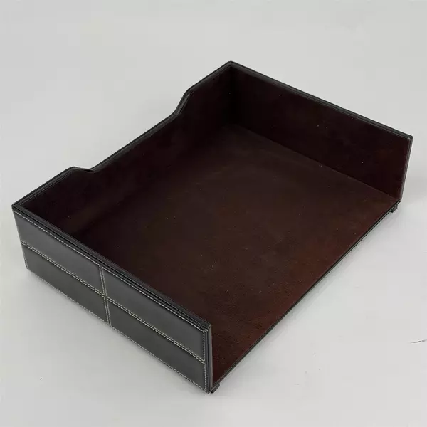 Lot of 2 Staples Mission Letter Trays Faux Black Leather With White Stitching