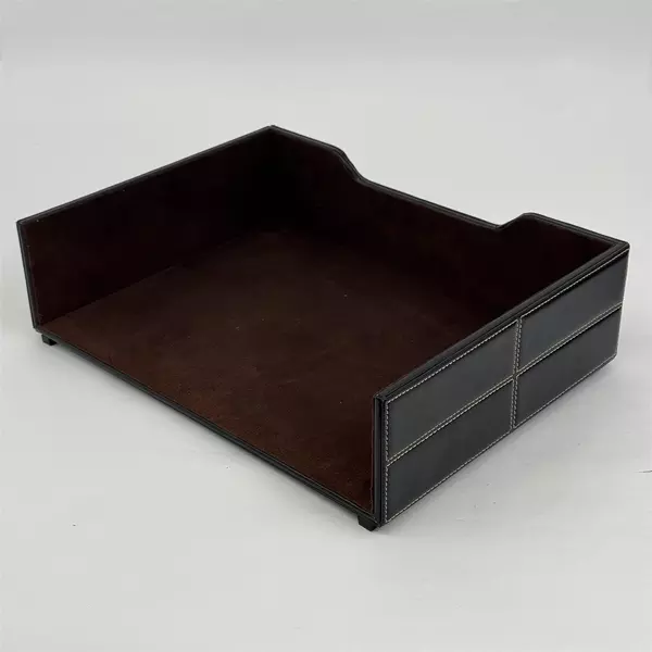 Lot of 2 Staples Mission Letter Trays Faux Black Leather With White Stitching