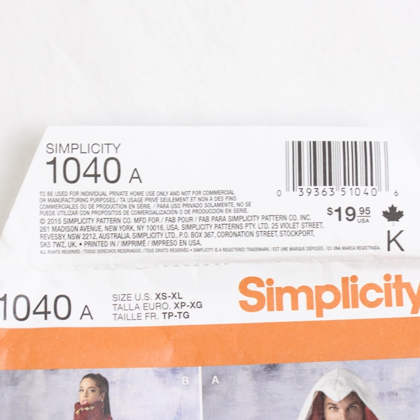 Simplicity Shirley Botsford 1040 Steam Punk/Assassin Costume Unisex Sz A (XS-XL)