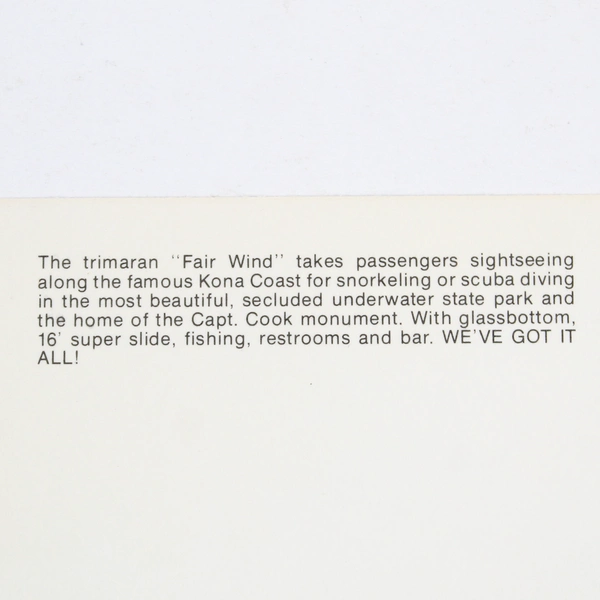 Vintage Kona Coast Hawaii Fair Wind Trimaran Sailboat Postcard by MCG