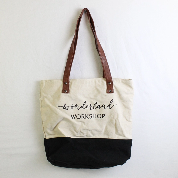 Wonderland Workshop Black/White Canvas Tote Bag W/ Brown Faux Leather Straps