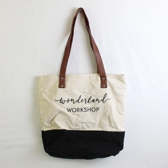 Wonderland Workshop Black/White Canvas Tote Bag W/ Brown Faux Leather Straps