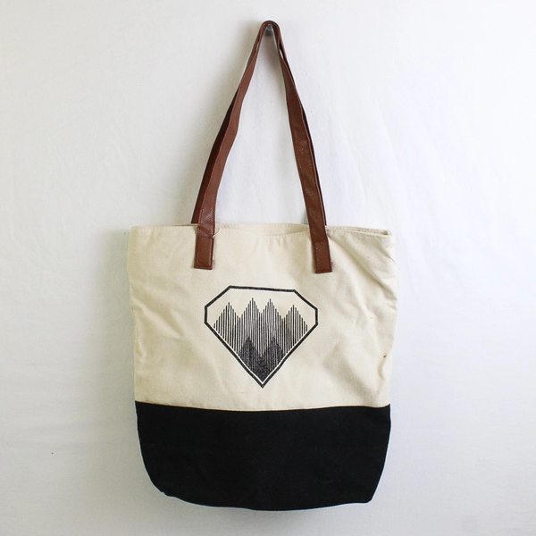 Wonderland Workshop Black/White Canvas Tote Bag W/ Brown Faux Leather Straps