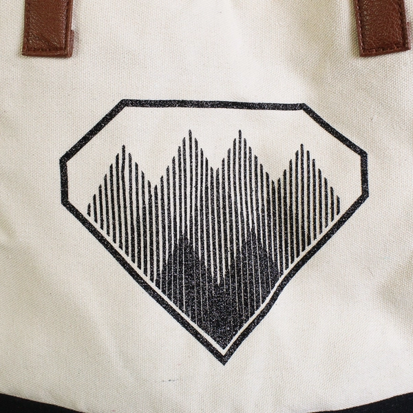 Wonderland Workshop Black/White Canvas Tote Bag W/ Brown Faux Leather Straps