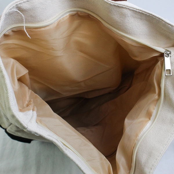 Wonderland Workshop Black/White Canvas Tote Bag W/ Brown Faux Leather Straps