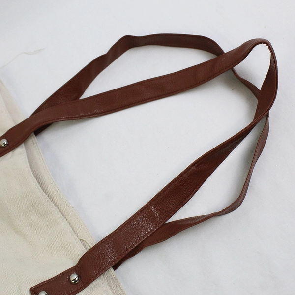 Wonderland Workshop Black/White Canvas Tote Bag W/ Brown Faux Leather Straps