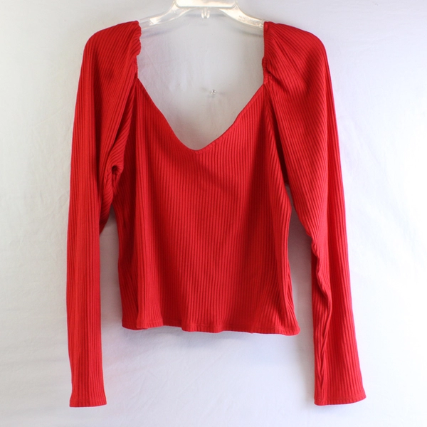H&M Red Puff-Sleeve V-Neck Sweater Women's Size XL