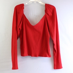H&M Red Puff-Sleeve V-Neck Sweater Women's Size XL