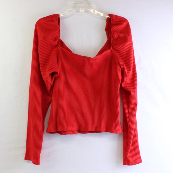 H&M Red Puff-Sleeve V-Neck Sweater Women's Size XL