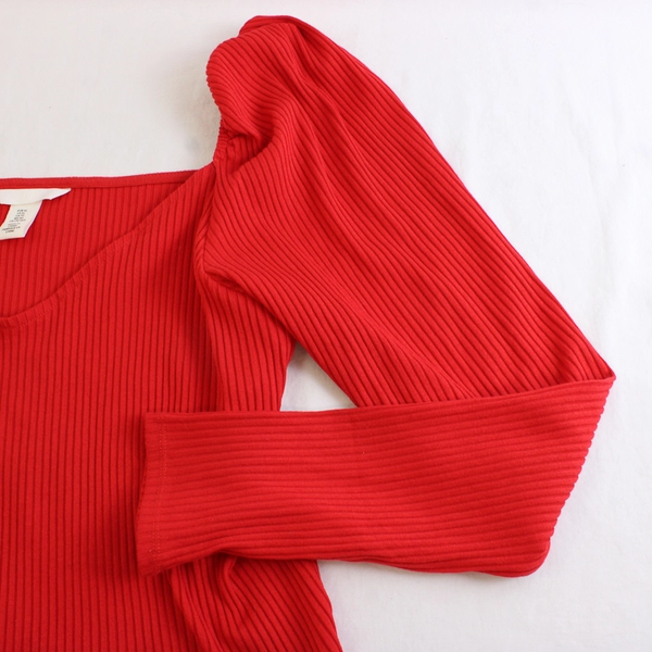 H&M Red Puff-Sleeve V-Neck Sweater Women's Size XL