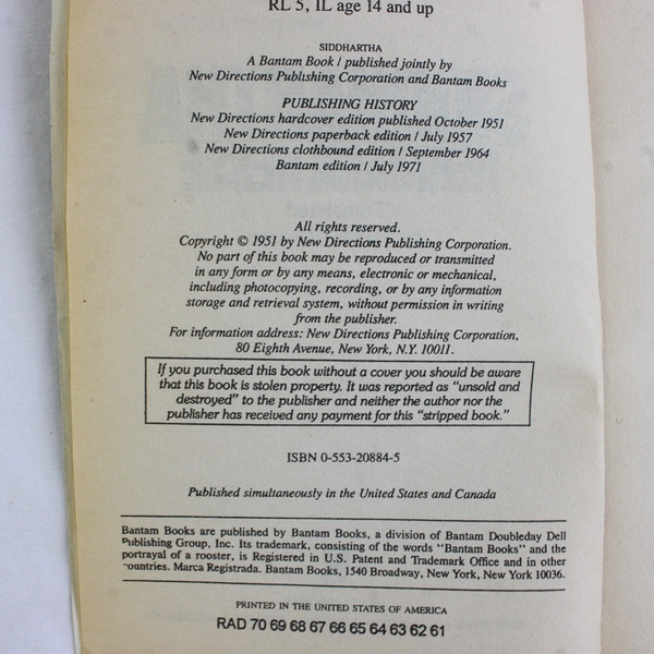 Vintage Siddhartha by Hermann Hesse 1971 Paperback Bantam Books