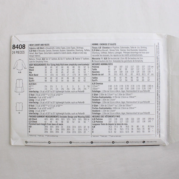 Simplicity Arkivestry Designs 8408 Shirt & Vests Costumes Mens Size AA (38-44)