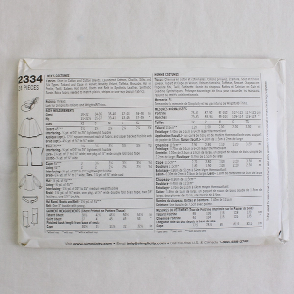 Simplicity Roman Exile Designs 2334 Musketeer Costumes Mens Size BB (L, XL)